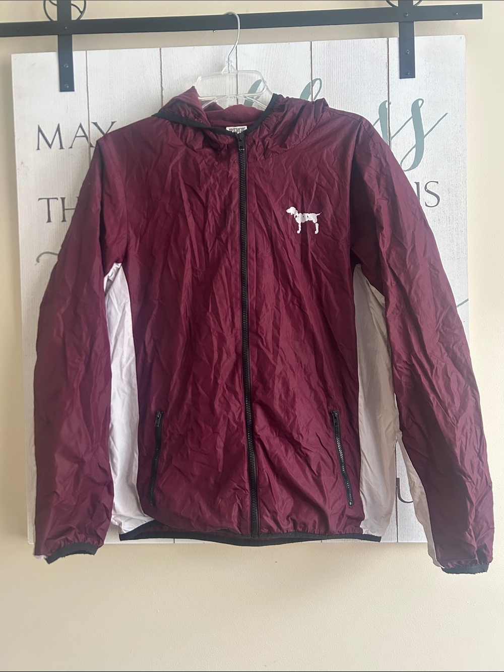 PINK Victoria's Secret Maroon & White Hooded Windbreaker jacket size XS